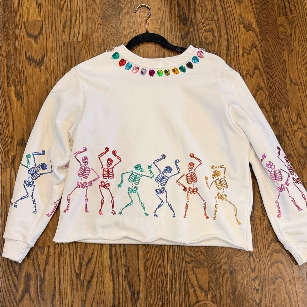 QUEEN OF SPARKLES White Rainbow Skeleton Crewneck Sweater
